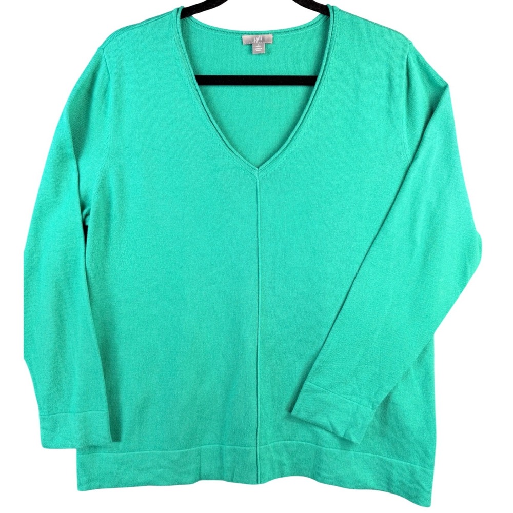 J. Jill Green V-Neck Cotton Blend Seam Front Sweater Petite Large